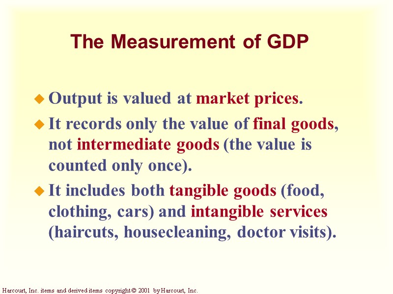The Measurement of GDP Output is valued at market prices. It records only the